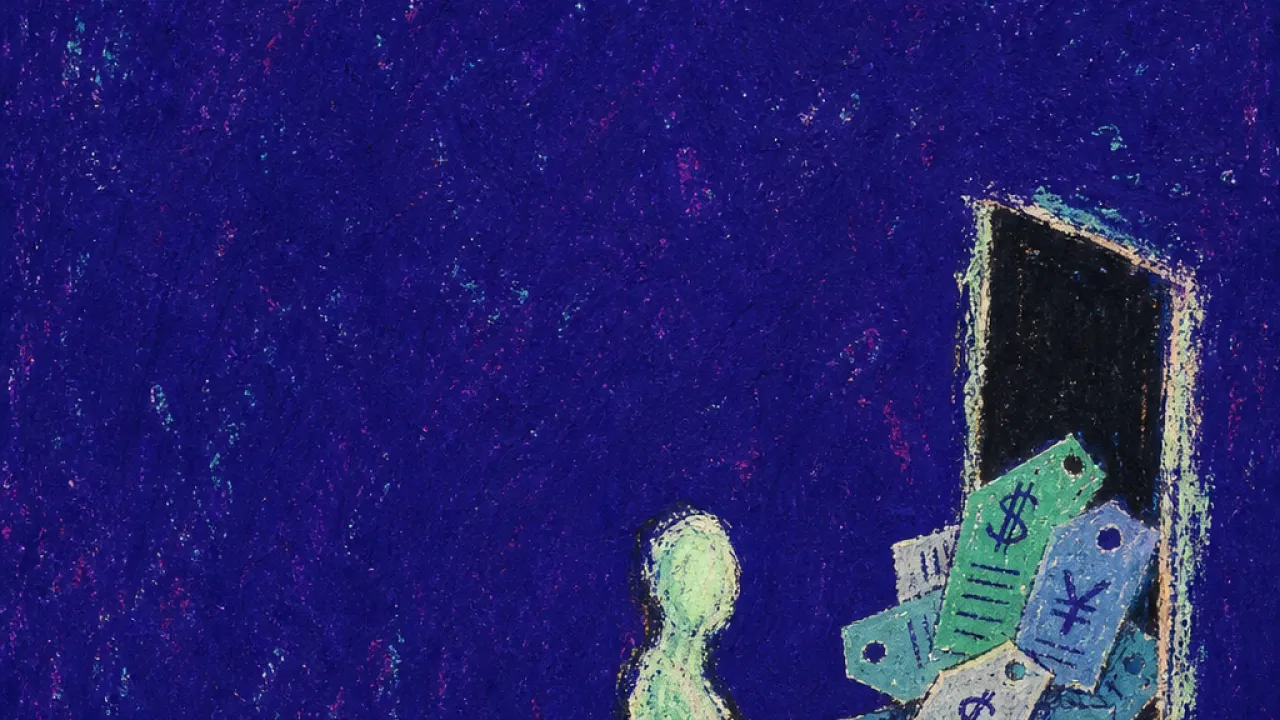 A solitary figure with outstretched hands at a half-open doorway, price tags pressing cold impressions into the palms