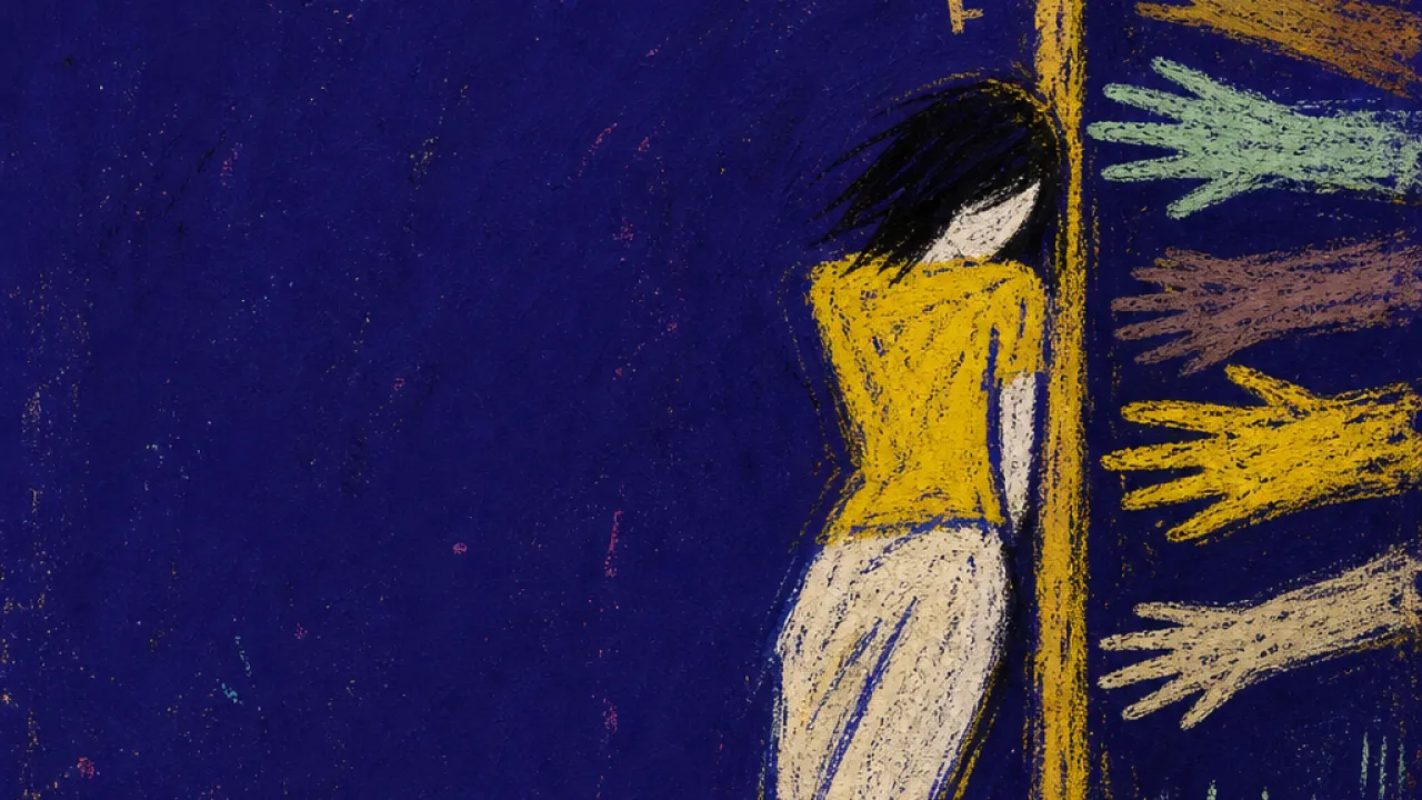 Hands on Every Door A solitary figure wedged in a doorway, shoulder and hip pressed into the frame as hands reach toward keys and a fridge