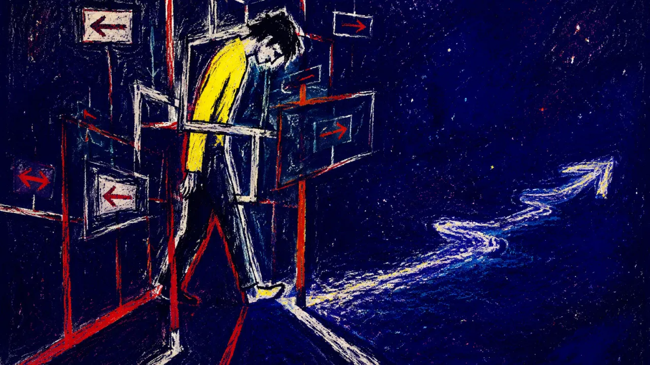 A solitary figure leans toward an unmarked route as misaligned corridor frames press around the torso and feet.