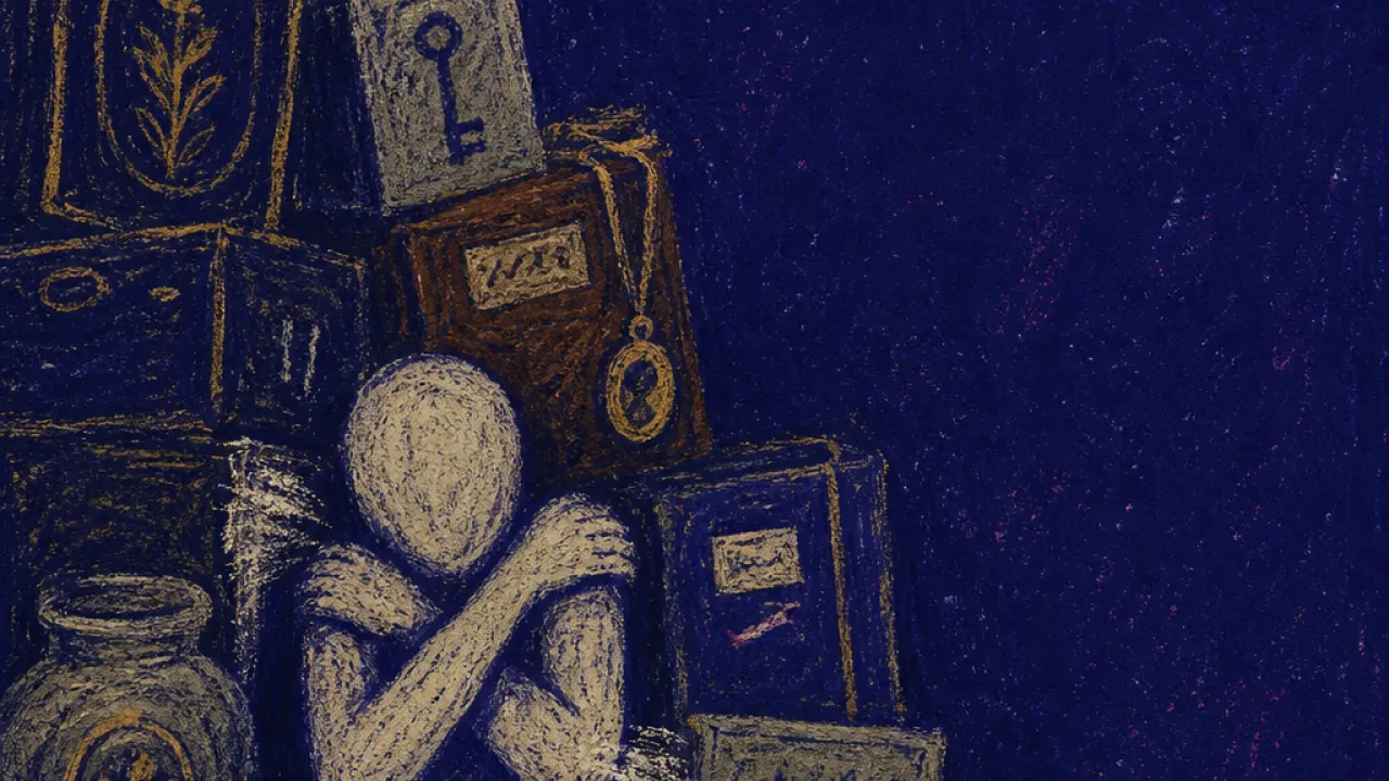 A solitary figure pinned among stacked boxes and heirloom furniture, shoulders marked by pale impression lines in indigo air