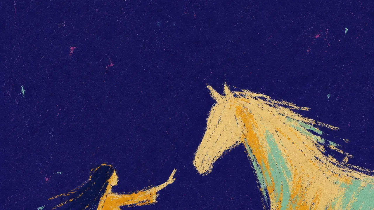 A solitary figure reaches toward a still black horse and armored rider, warm light paused in the space between them