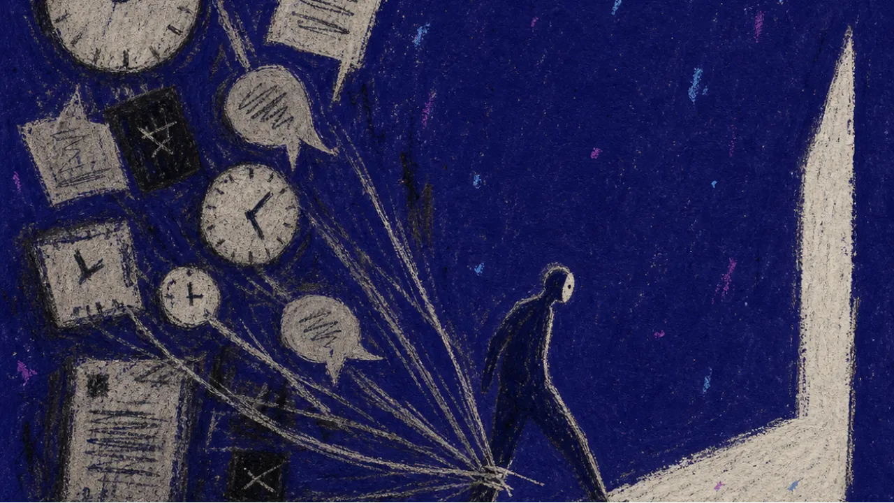 A solitary figure half-stepping over a threshold, ankle pulled back by pale clocks and papers in deep indigo space