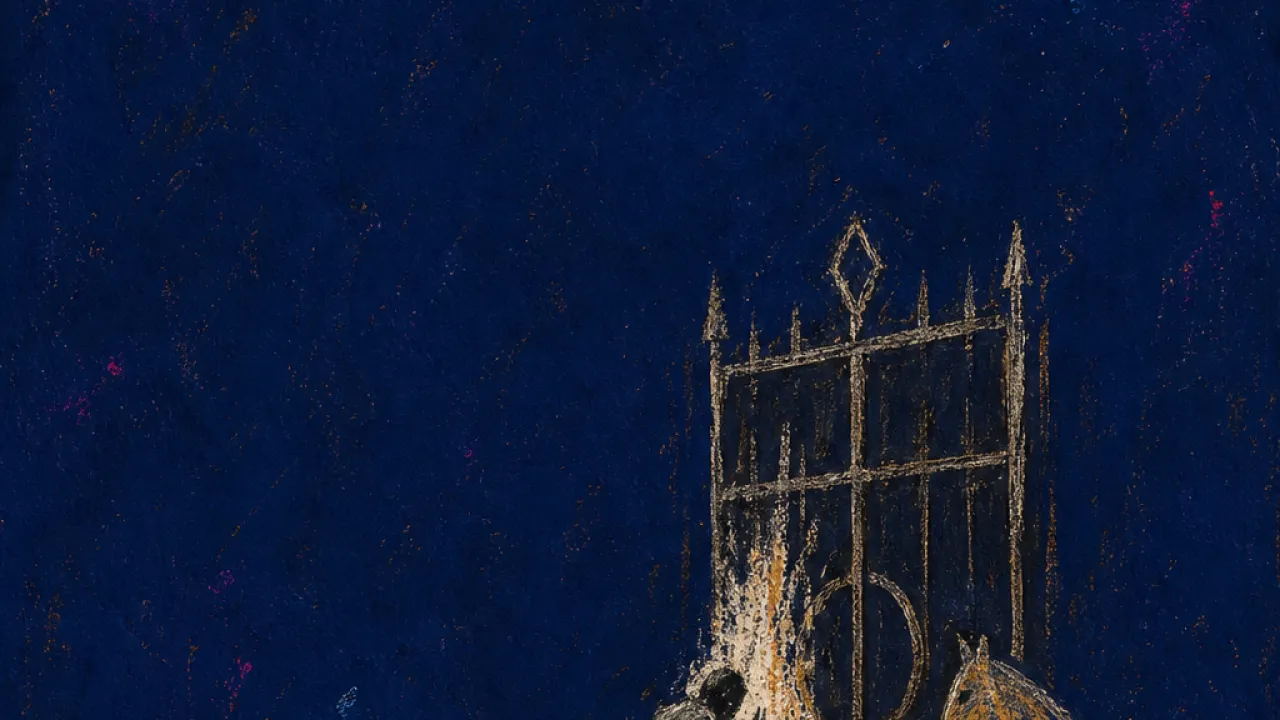 A solitary figure leans toward a closed gate beside a still horse, with faded tracks stopping under deep indigo space