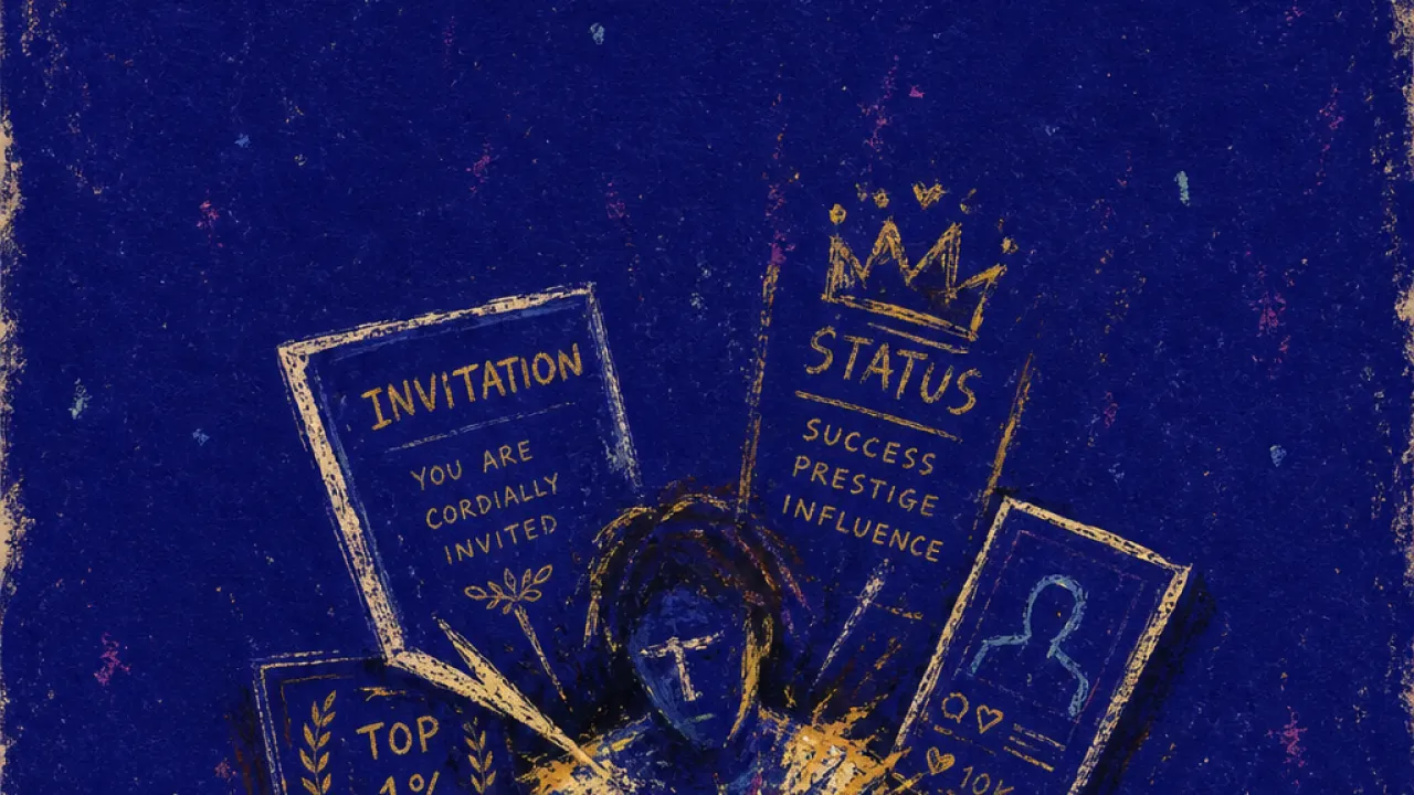 A solitary figure with shoulders pressed inward as raised symbols, glowing screens, and invitations leave pressure marks in a
