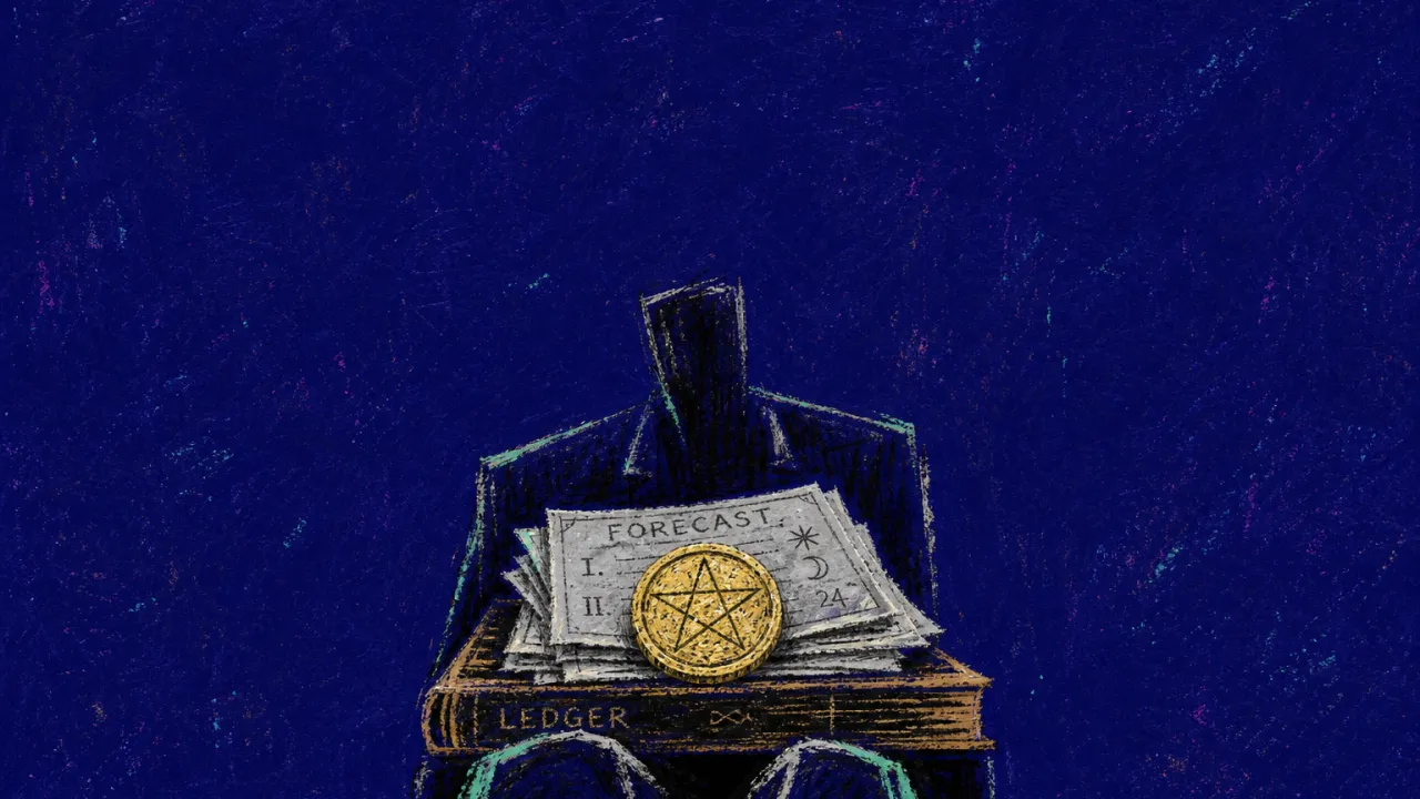A solitary seated figure with a coin and forecast sheets pressed onto their knees by hands reaching from above