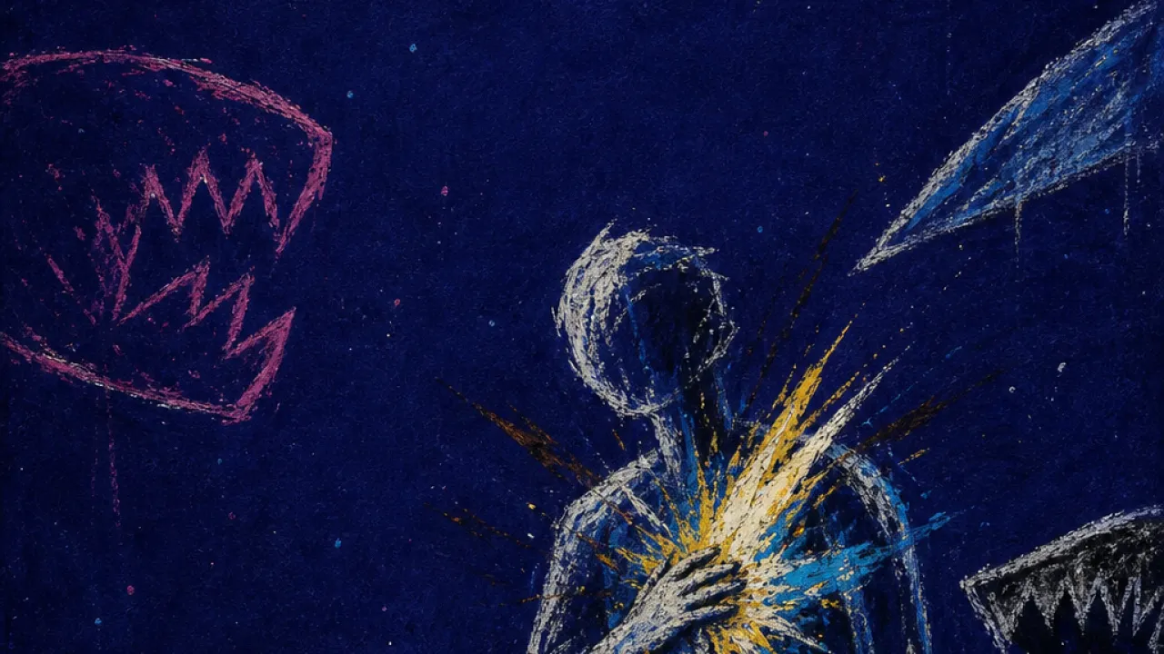 A solitary figure with hands at the chest as sharp blades converge, leaving visible puncture marks in deep indigo rain