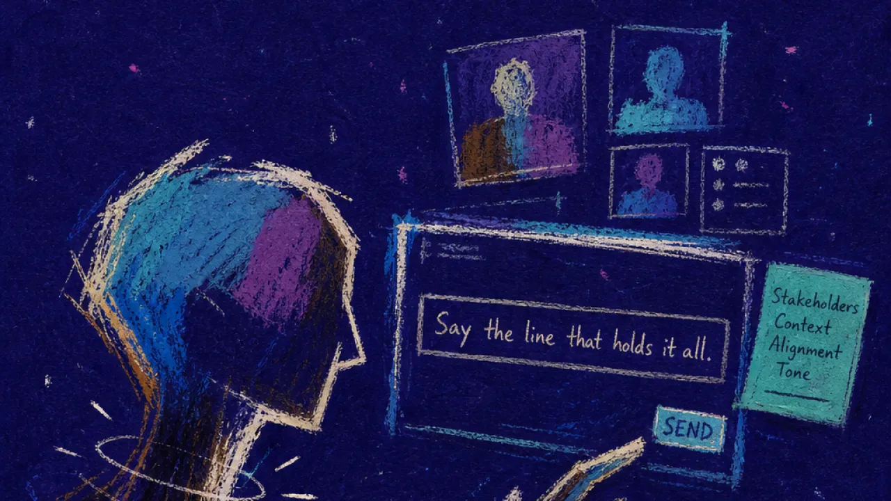 A solitary figure leaning toward a screen, throat crossed by a bright line as papers and message windows press inward