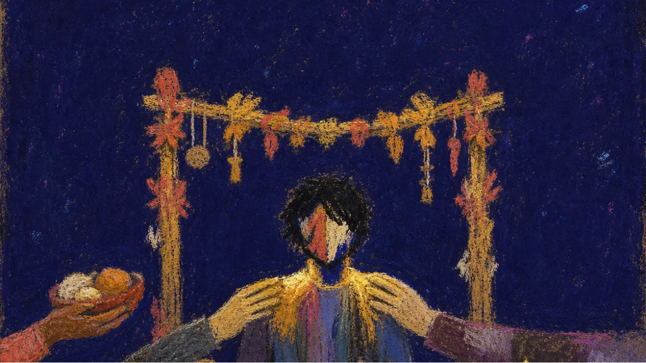A solitary figure beneath a garlanded threshold, steady hands holding posts, food, keys, and warm light around them