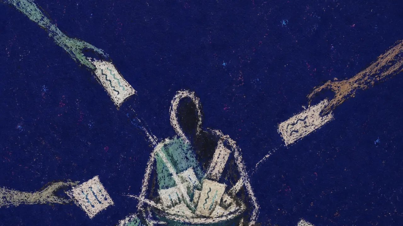 A seated figure holds a small container as many hands place damp notes into it, deep indigo space closing around the chair