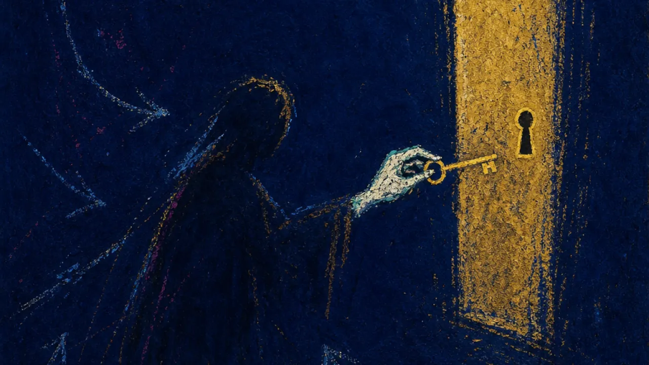 A solitary figure reaching toward a lit doorway while one hand holds the key and other doors stay closed in indigo space