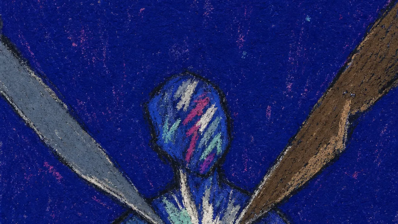 A solitary figure in a narrow room of crossing blades, each exit pointing inward toward the chest with iron grey marks