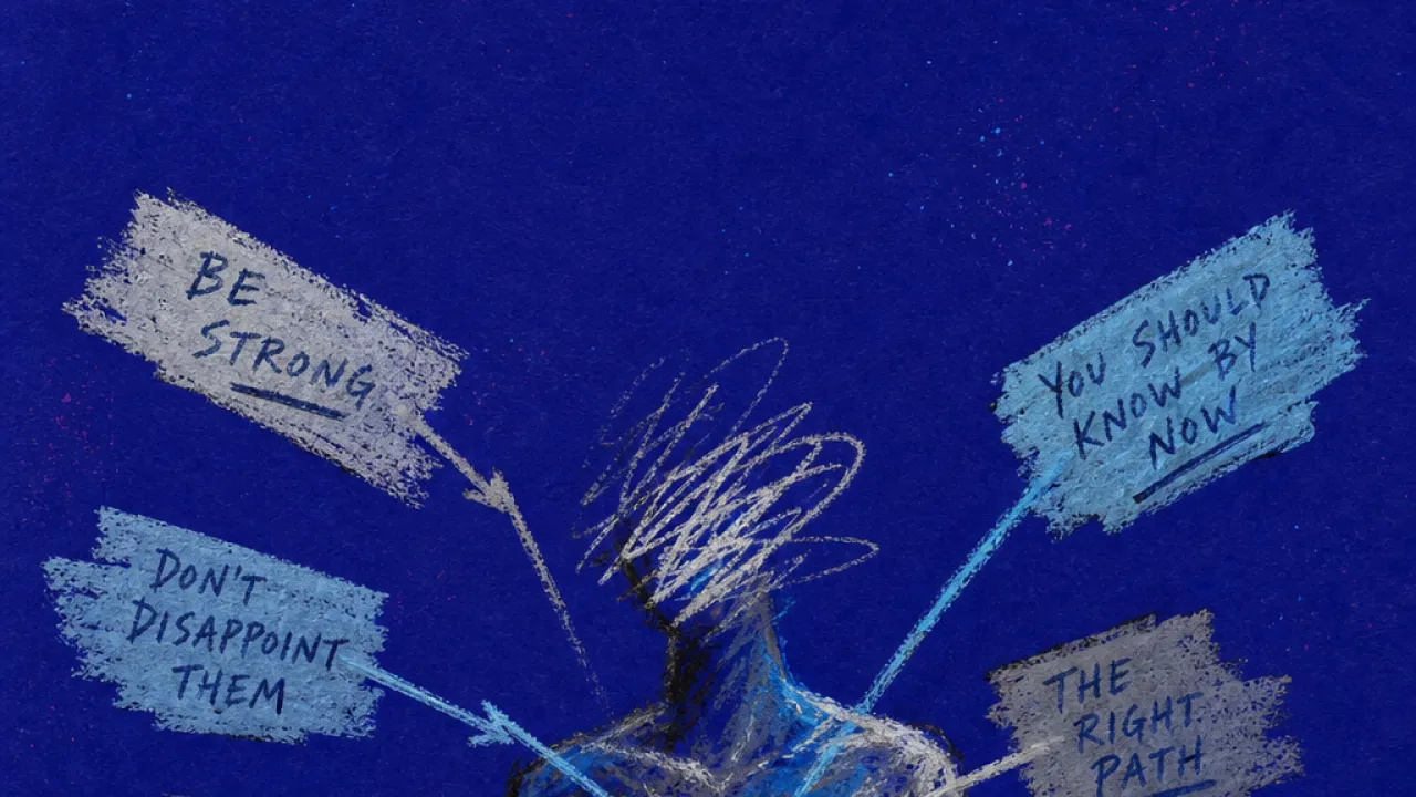 A solitary figure bracing over scattered notes as angled hands and messages push separate claims into one center