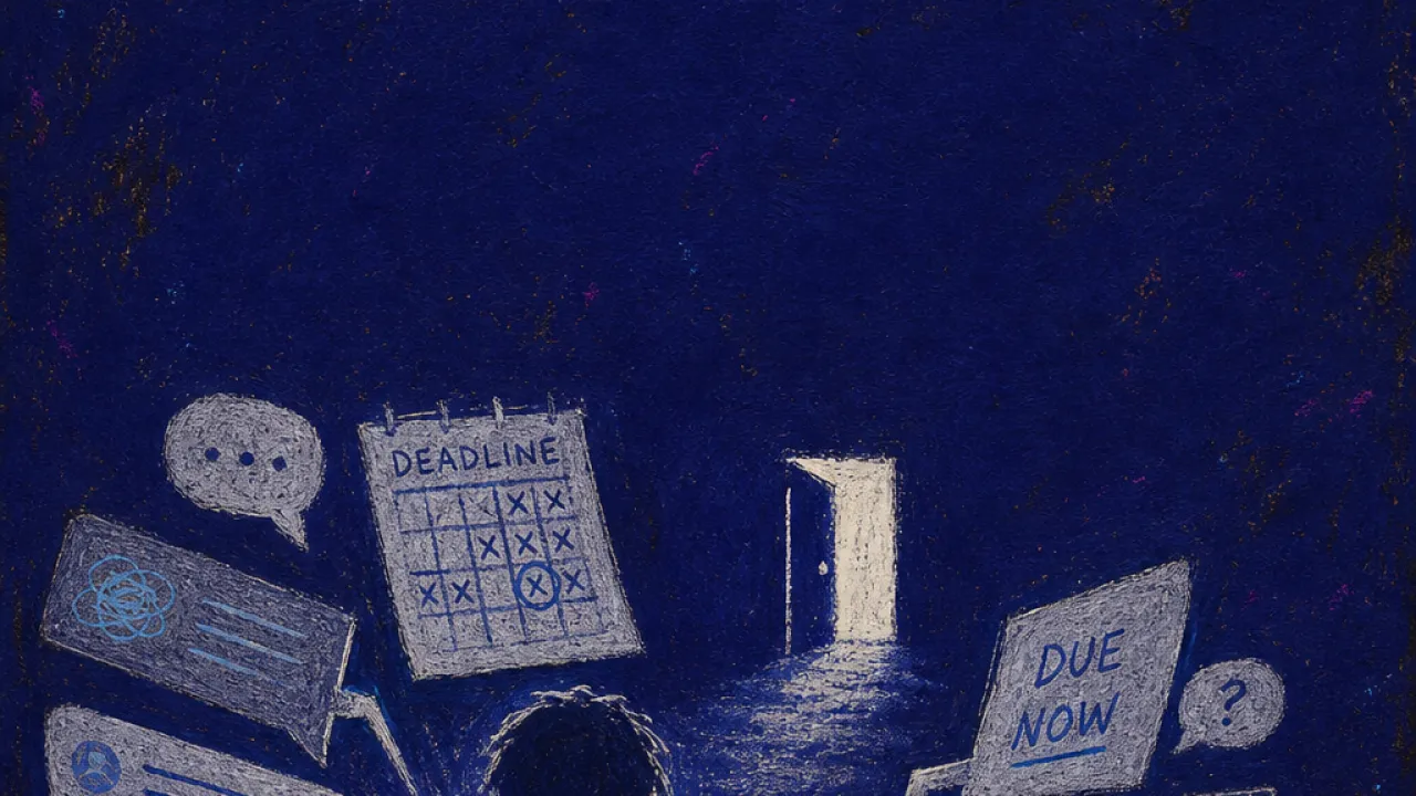 A solitary figure pulled toward a lit doorway by calendar pages, message bubbles, and open tabs pressing inward