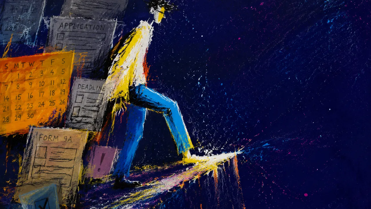 A figure pauses with one foot at a narrowing threshold as forms and calendar blocks press forward from behind.