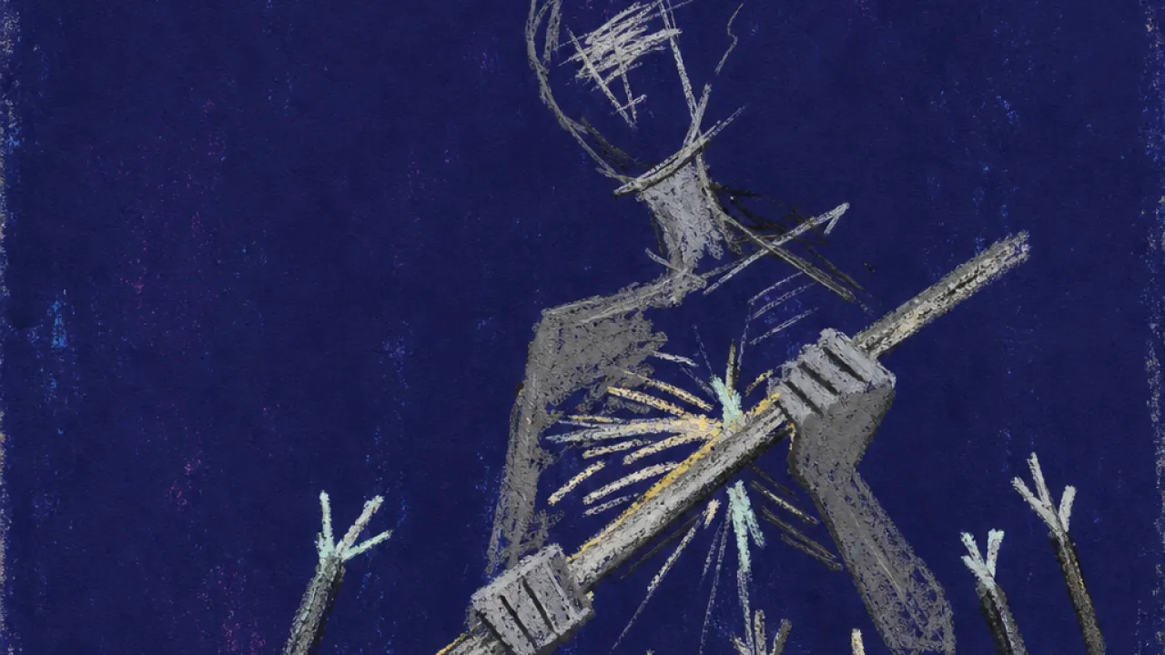 A lone figure on uneven ground braces one wand as multiple raised wands press upward against the line