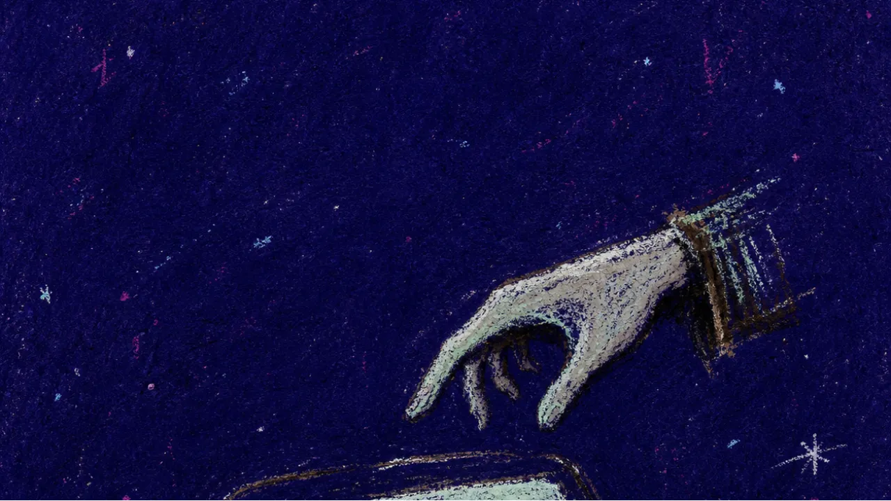 A solitary figure with one hand above an unsent message, suspended blades overhead and cold space between contacts