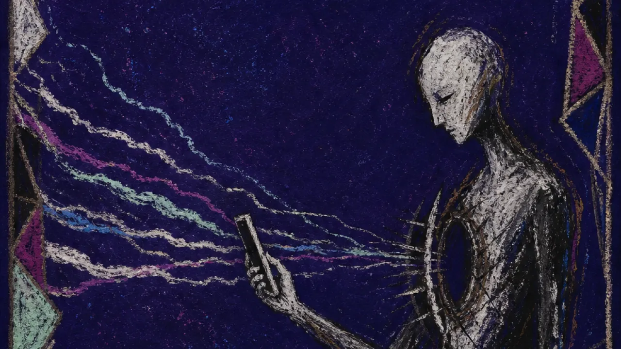Contact held at distance A solitary figure holds a phone away from the chest as message threads press inward near a distant stained-glass bond