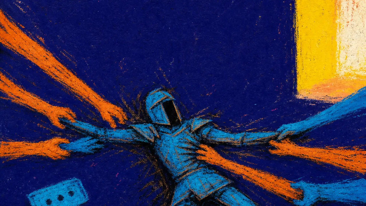 A solitary armored figure lying flat as message threads and shadowed hands pull toward a bright room above