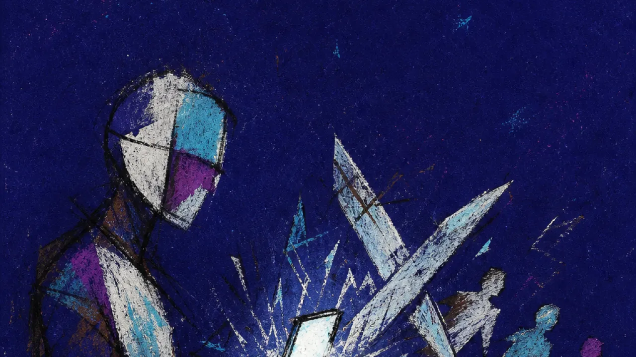 A braced figure holds a glowing phone as crossed blades and retreating silhouettes pull the room apart in deep indigo light