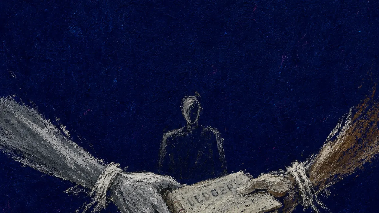 A solitary figure pinned at a narrow table, wrists pressed into the edge as competing hands pull the same ledger apart