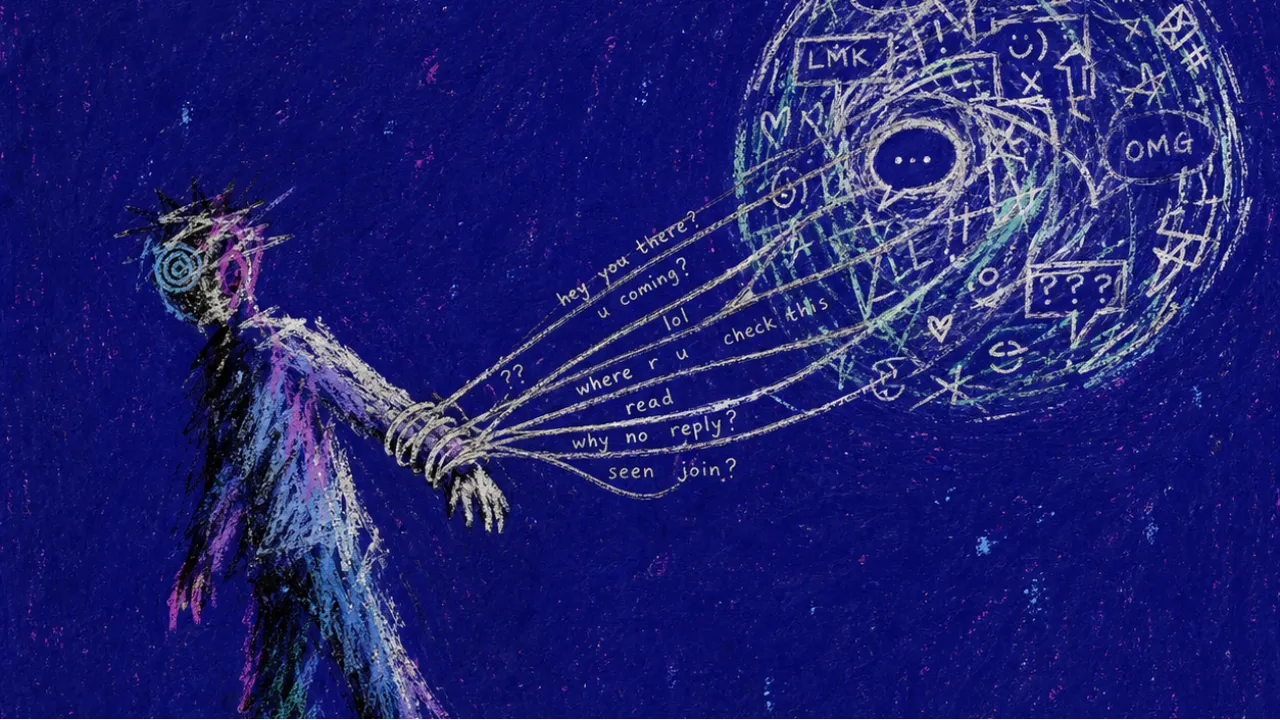A solitary figure turns from a glowing phone as message threads hook one wrist and pull back through deep indigo space