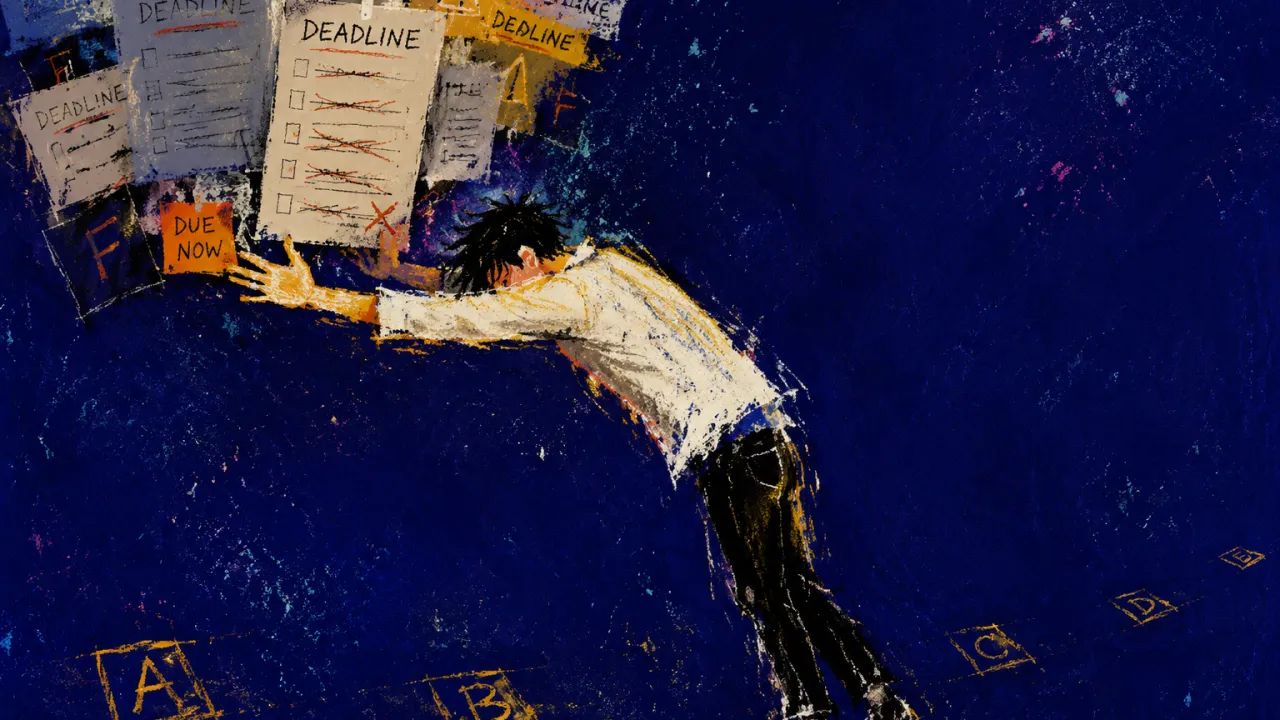 Deadlines settling across extended arms A lone figure leans forward as stacks of papers settle across extended arms above misaligned floor markers.