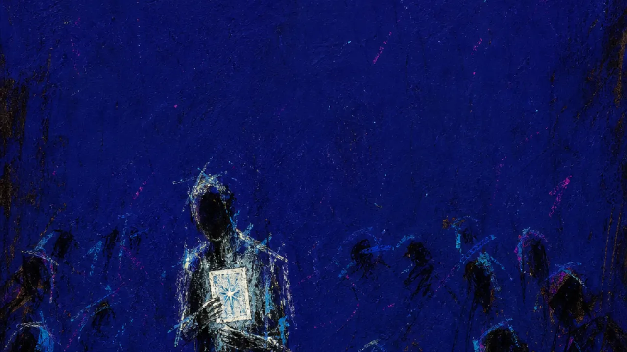 A solitary figure with a bright screenshot pressed to the chest as surrounding silhouettes turn away in deep indigo space