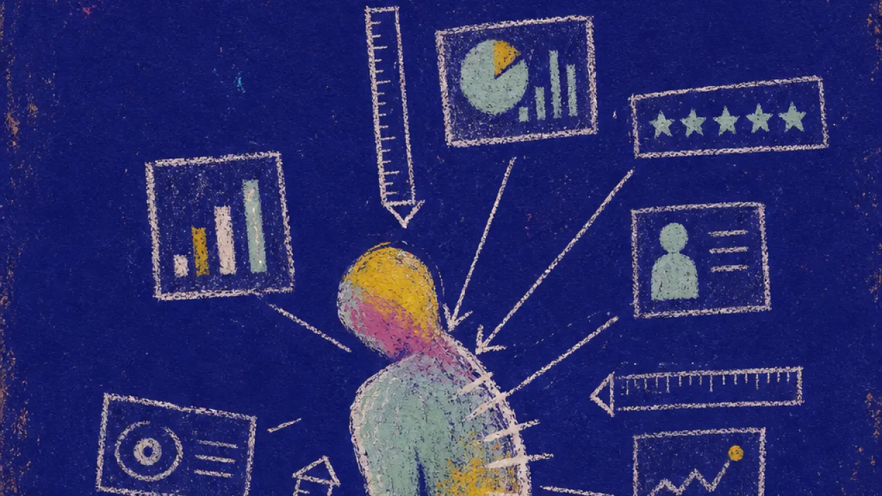 Metrics closing in A solitary figure with shoulders pulled inward as glowing dashboards and measuring lines crowd the body in deep indigo space