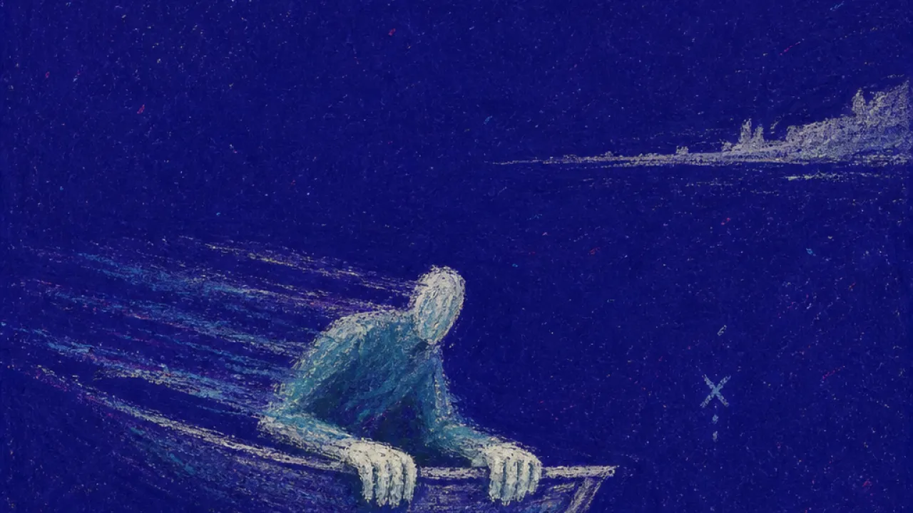 Motion without a landing A solitary figure leaning in a narrow boat, route markers drifting past as a pale shoreline stays out of reach