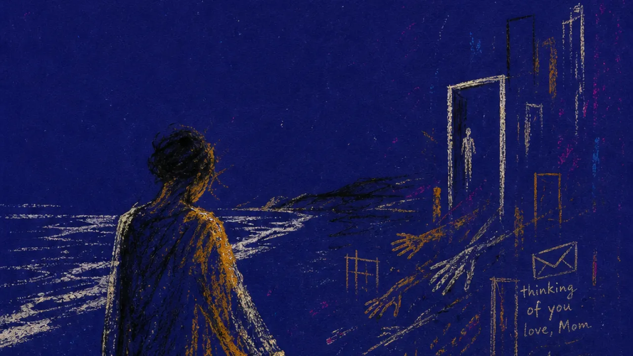 A solitary figure angled from an old shore as reaching hands and messages pull toward their back in deep indigo space