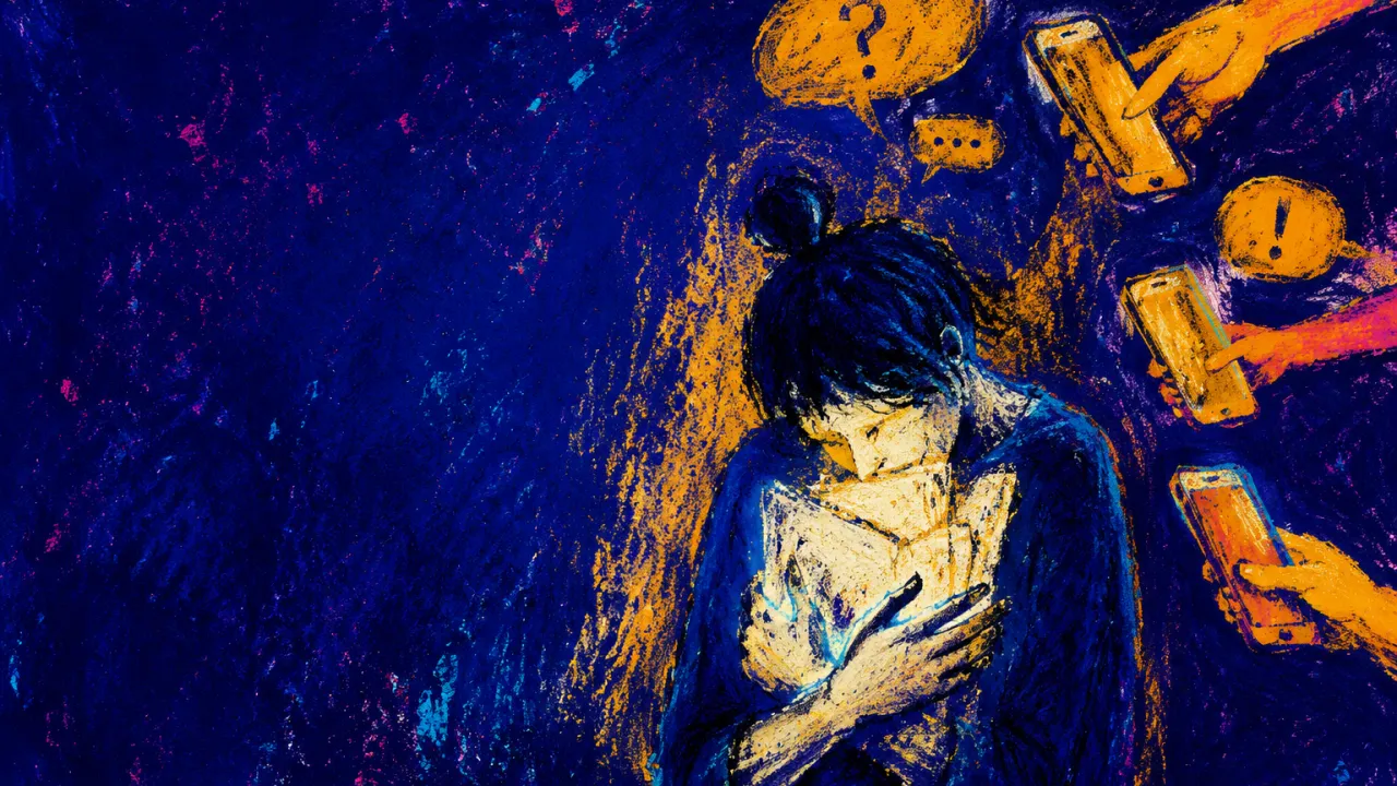 A solitary figure turns inward around a small bundle as hands with phones and speech bubbles press in from all sides