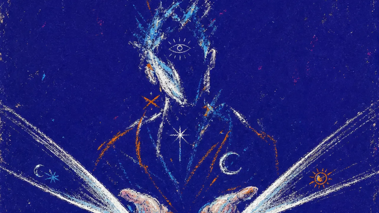 A solitary figure moving through dark space, bare hands gripping bright blades that leave marks across the palms