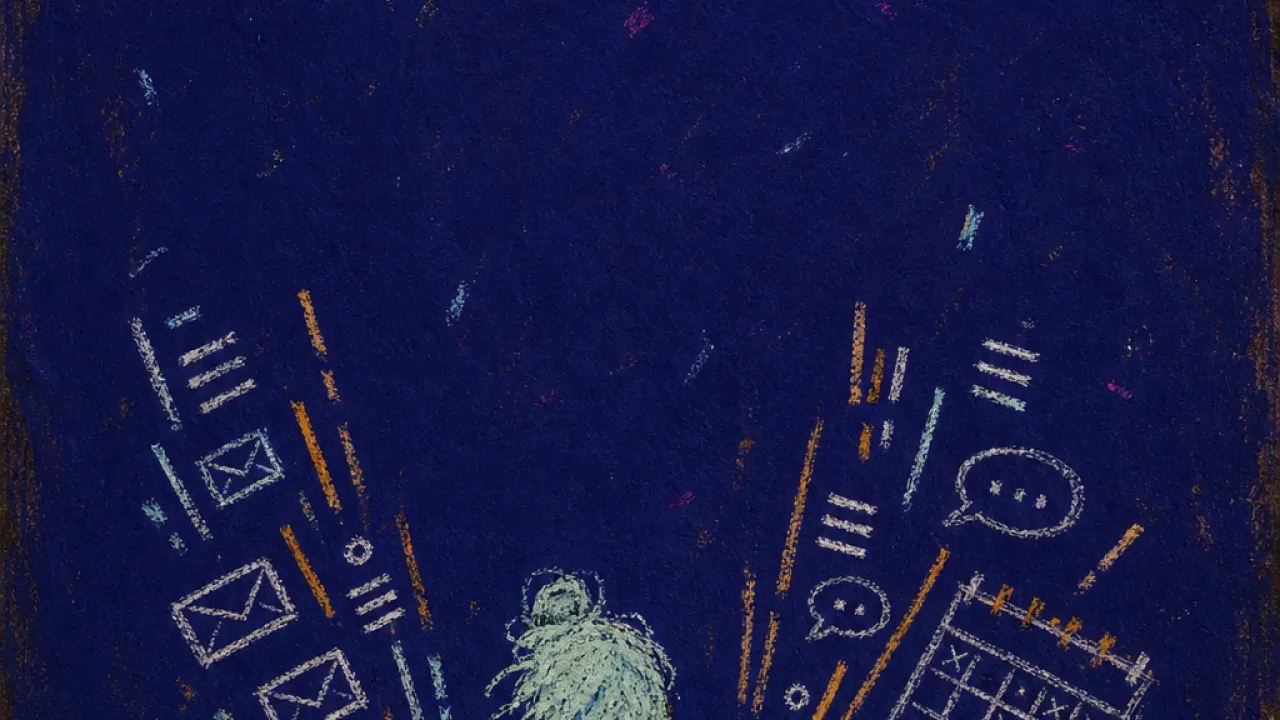 A solitary figure with raised shoulders and hovering hands as identical message lines press into wrists and screen