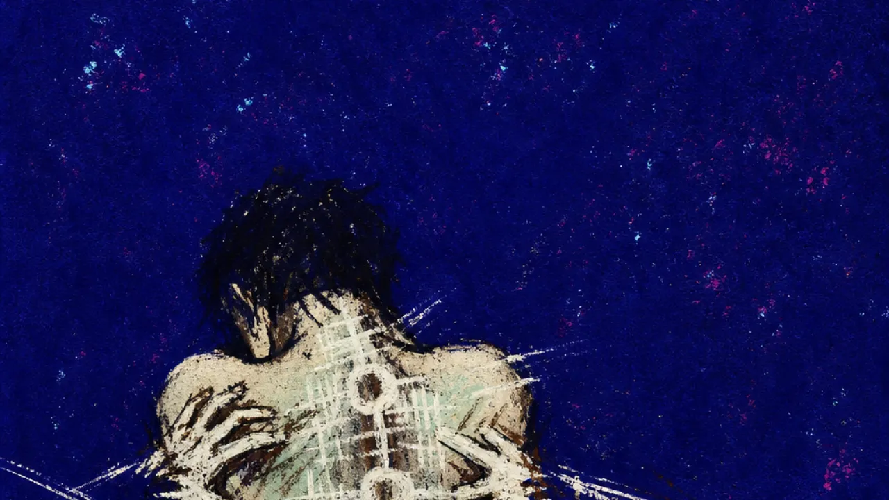 A solitary figure before a projected timeline, hidden hands pinning marks onto one exposed back in cold indigo space