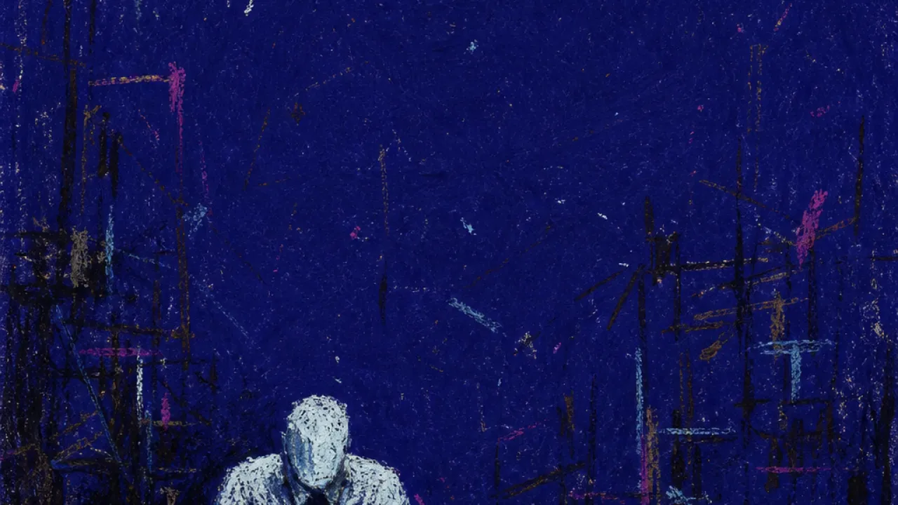 A seated figure at a desk with compressed shoulders as closed doors and fading threads pull work access away