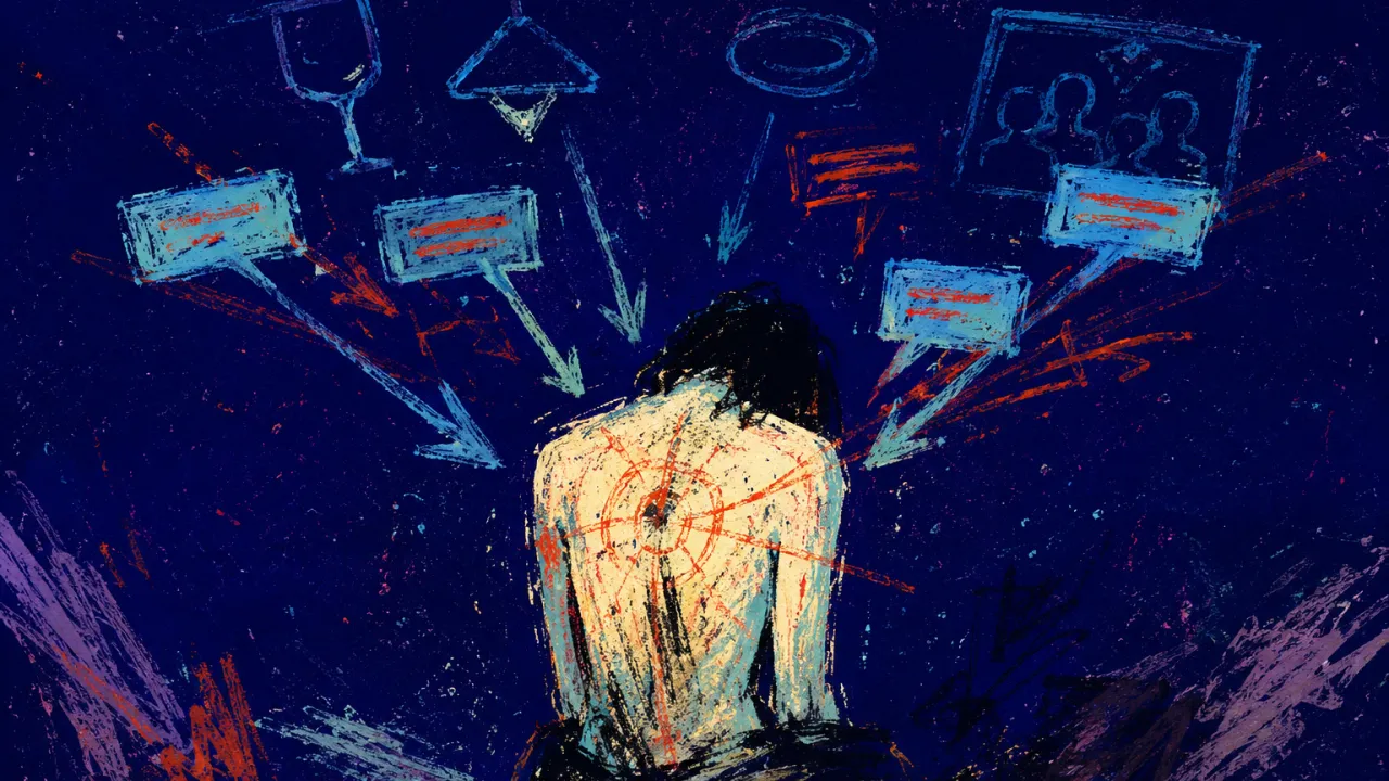 Blame converging on one body A solitary figure with an exposed back as shadows and message threads converge, leaving dark pressure marks in deep indigo
