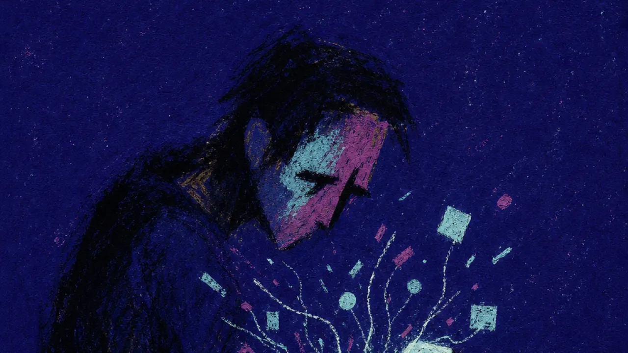 Signals pulling the hand back A solitary figure bent over a glowing phone, scattered signals pulling at the hand as pale marks spread across the screen