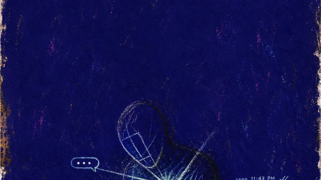 A solitary figure hunched over a lit phone, blue-white message signals crossing the chest and leaving pale marks