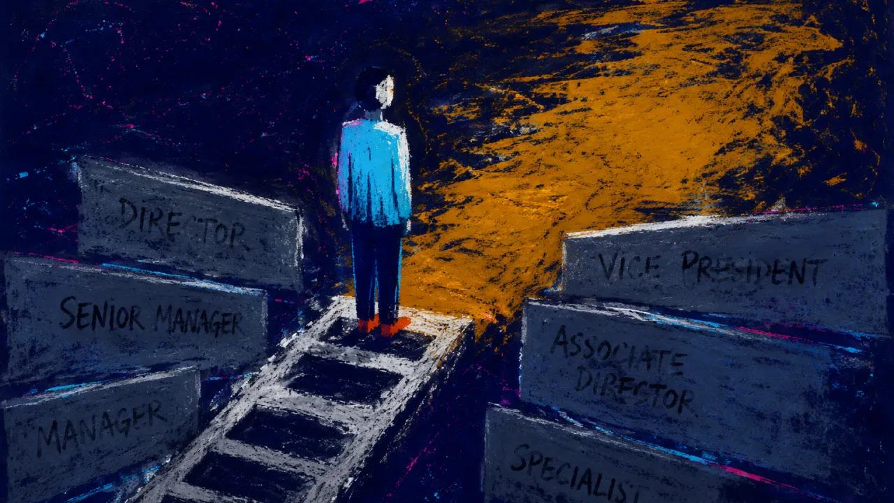 A solitary figure stands where a ladder-like path ends, feet framed by title placards as open amber ground begins.