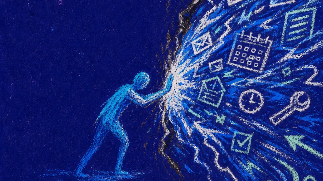 A solitary figure leaning into a narrow lane as calendars, messages, tools, and wind lines converge behind them