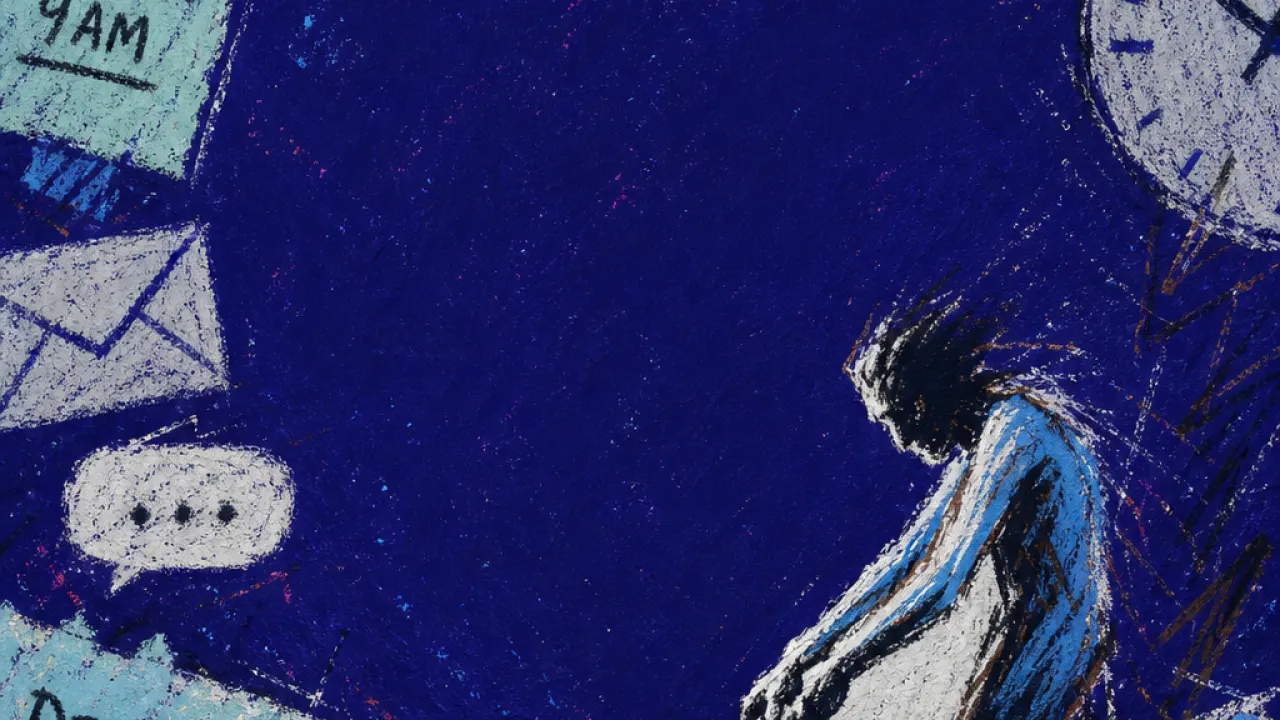 A solitary figure grips a small tool as calendar blocks, messages, and loose objects close around a cleared space