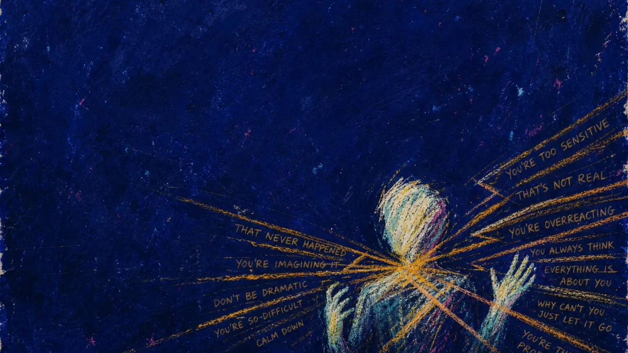 A solitary figure with braced shoulders, surrounded by crossed glowing lines pressing inward like a verbal barricade