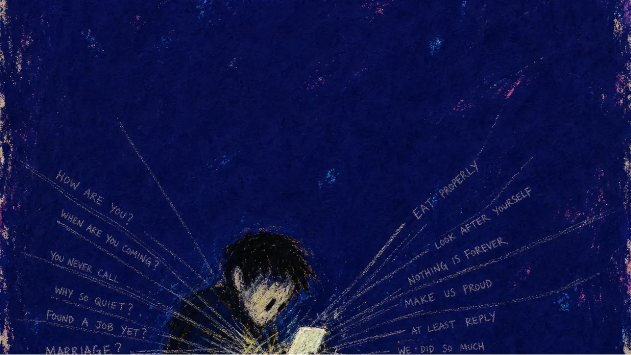 Messages converging from every side A solitary figure holding a lit phone as many message lines converge on the hands, leaving sharp marks in deep indigo space