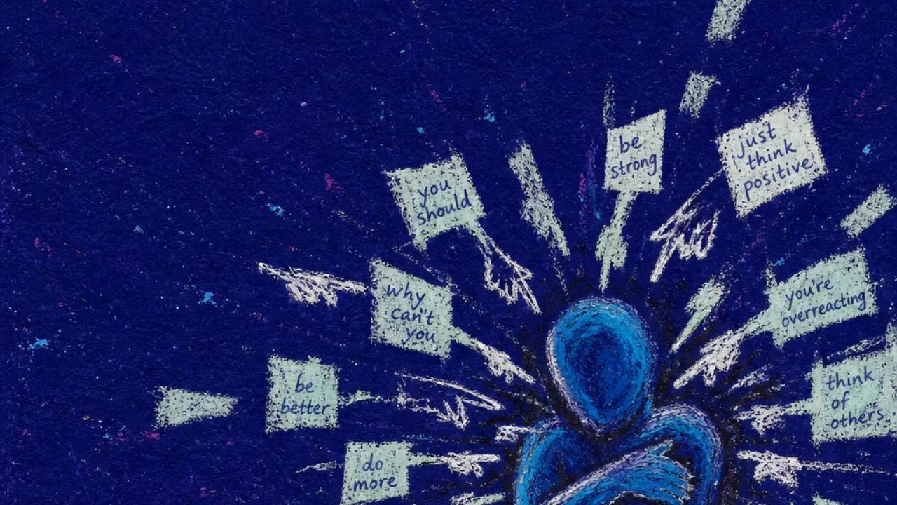 Advice pressing in A solitary figure with arms drawn inward as paper notes and pointing hands press toward the chest from every side