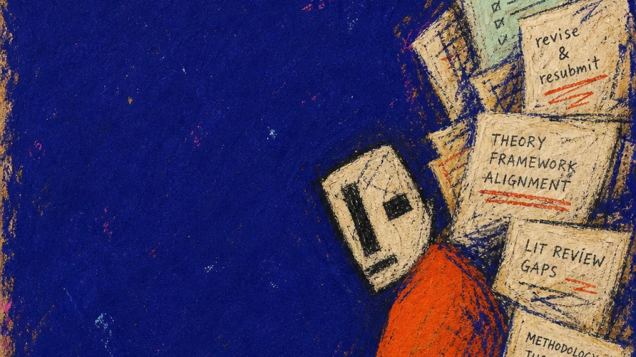 A solitary figure half-turned at a desk as stacked forms press one shoulder toward a narrowing map in deep indigo space
