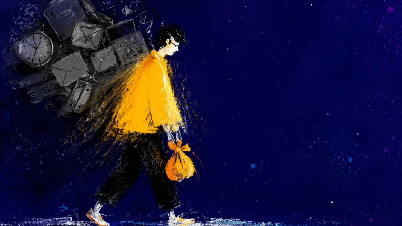 Old weight settling from behind A figure steps forward with lowered shoulders as office-object shadows settle across the back, carrying one small bundle.