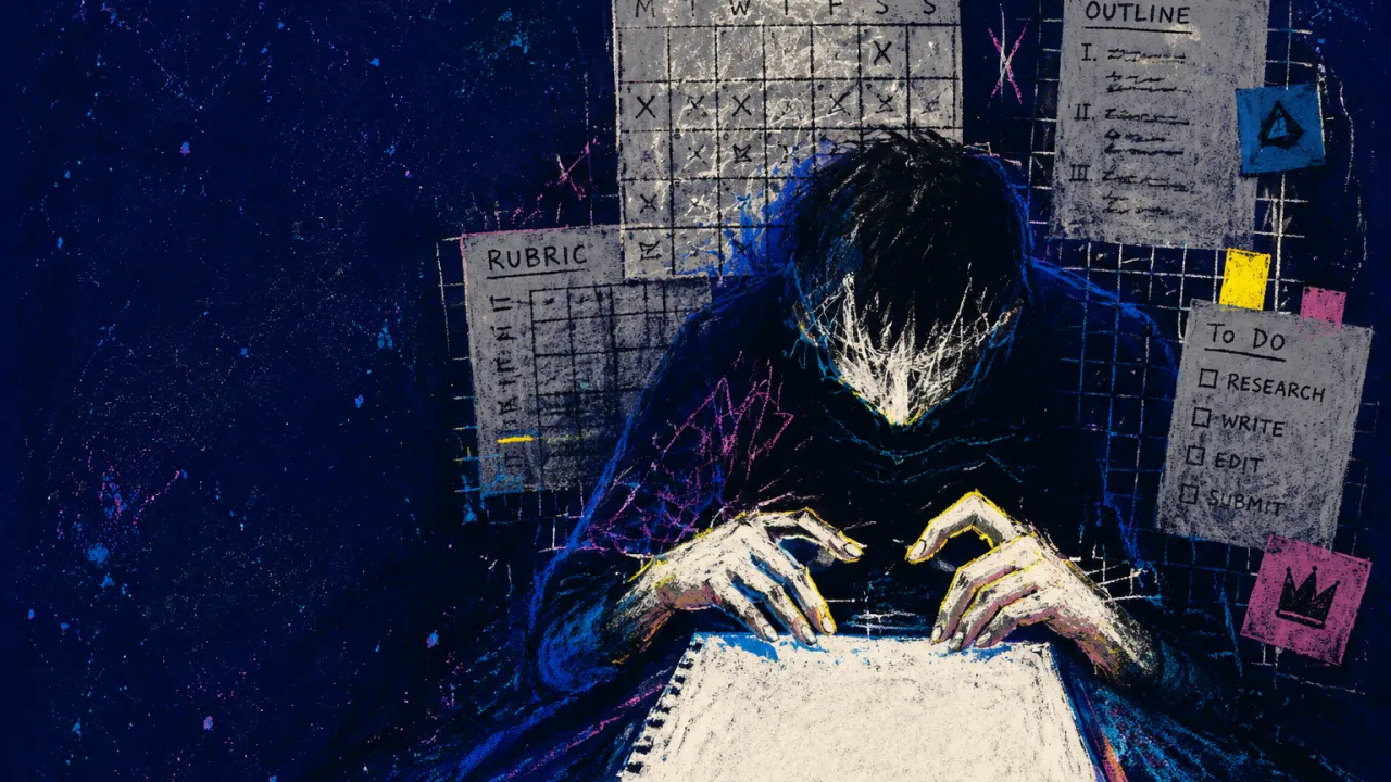 A solitary figure bent over a blank page as calendars, rubrics, tabs, and outlines form a wall around the desk