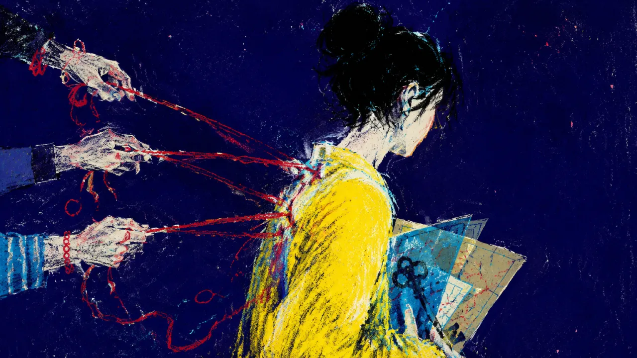 A solitary figure angled toward a narrow gap, old message threads pulling at the shoulders as maps and keys stay close