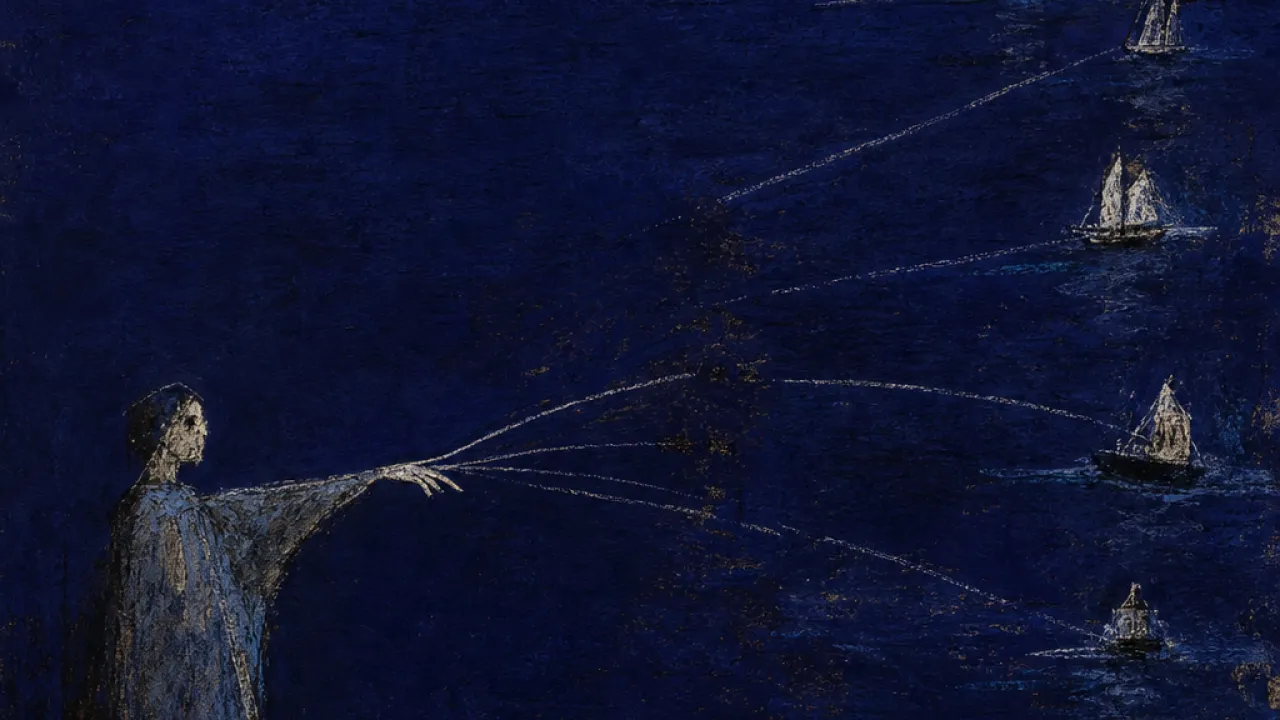Distance widening the channel A solitary figure reaches toward a distant shoreline as thin message threads stretch over dark water between separate ships