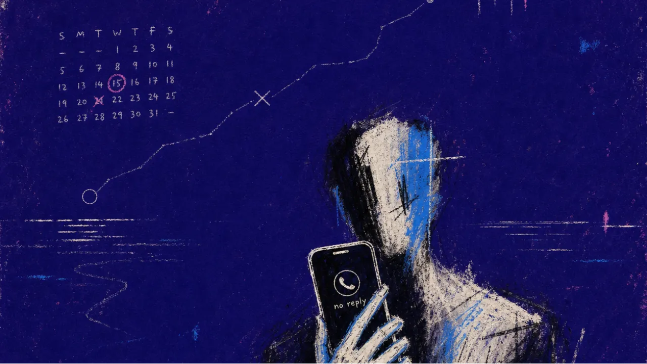 A solitary figure holding a phone near the chest as pale routes and waterlines pull outward through deep indigo space